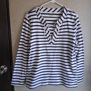 Kate Spade Nautical Stripes Top Lace Up V Neck Large Quiet Luxury Old Money